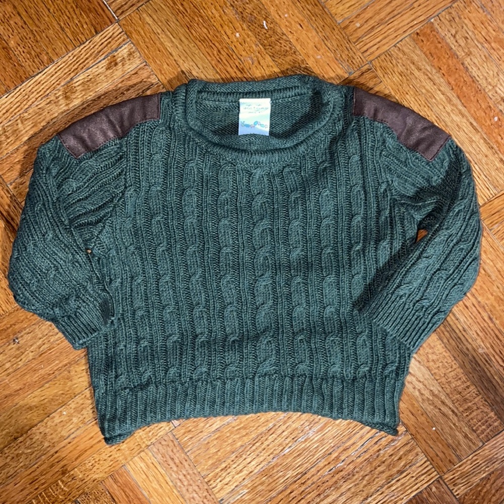 Starting out olive green cable knit sweater faux suede shoulder patches 12 mo.